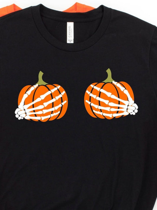 Men's Graphic T-Shirt Skeleton Hands Reaching Toward Pumpkins With Rustic Autumn Harvest Pumpkin