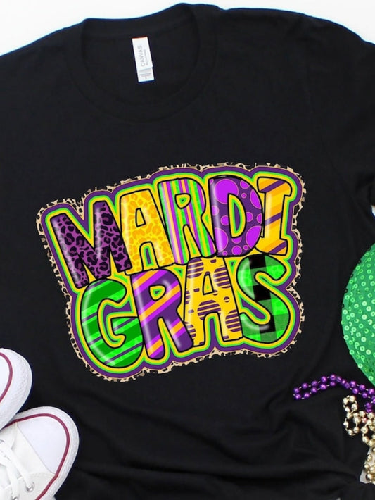 Men's Graphic T-Shirt Vivid Carnival Colors With Dotted Outlines Surrounding Funky Mardi Gras Lettering