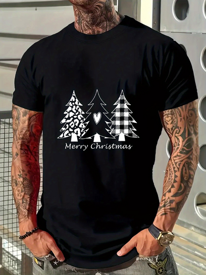 Men's Graphic T-Shirt Merry Christmas Monochrome Pine Forest With Winter Holiday Trees