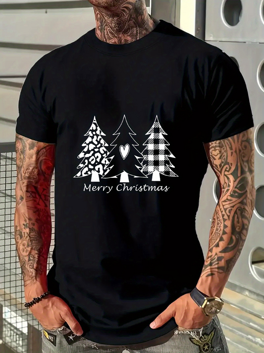 Men's Graphic T-Shirt Merry Christmas Monochrome Pine Forest With Winter Holiday Trees
