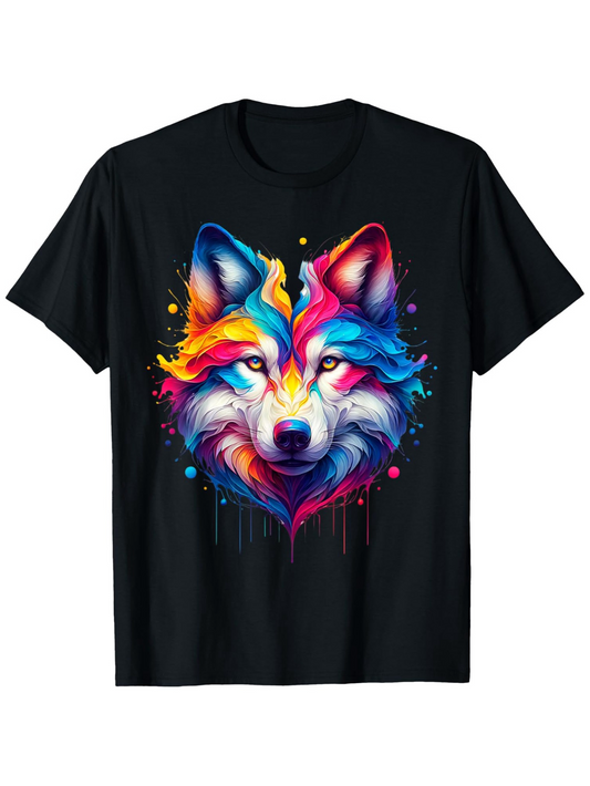 Men's Graphic T-Shirt Vivid Neon Colors Flowing In Abstract Style With Expressive Wild Wolf