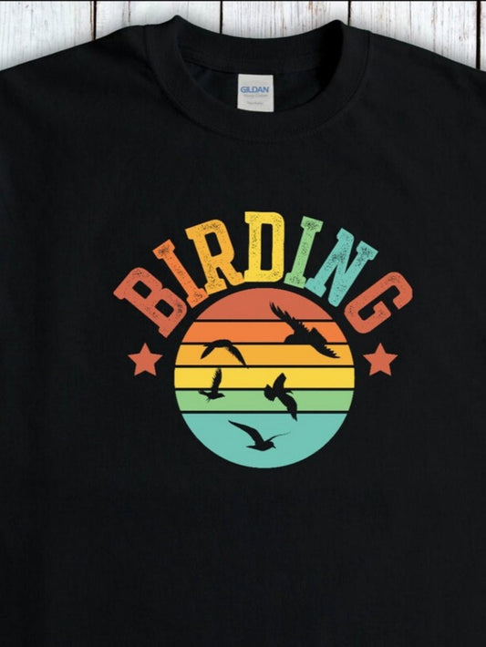 Men's Graphic T-Shirt Birding Sunset Sky With Flying Birds Over Calm Horizon
