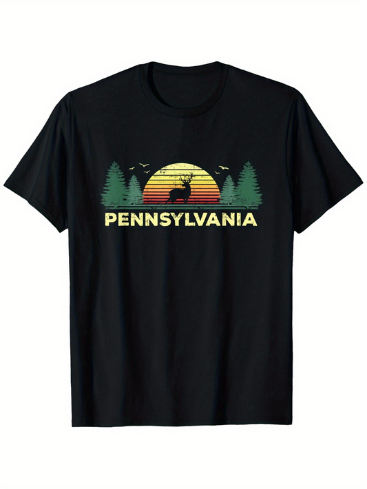 Men's Graphic T-Shirt Pennsylvania Sunset Mountains With Pine Trees And Flying Birds Deer