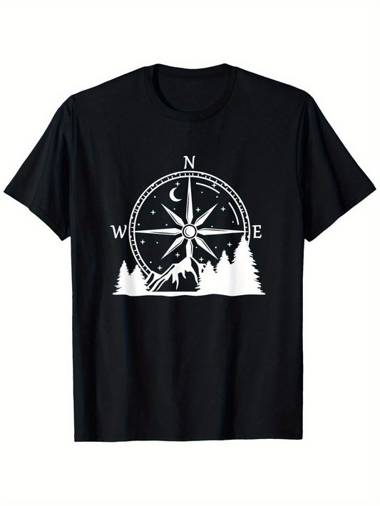 Men's Graphic T-Shirt Night Sky With Trees Mountain Wolf And Compass