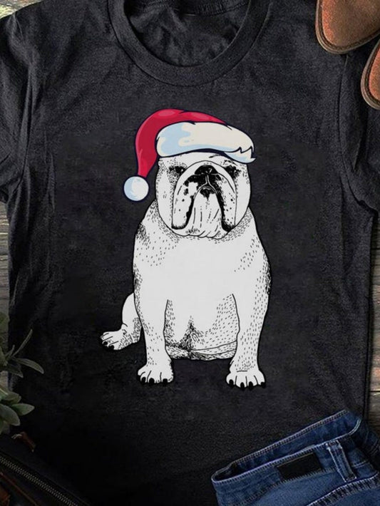 Men's Graphic T-Shirt Holiday Spirit Bulldog Wearing Santa Hat On Black Shirt