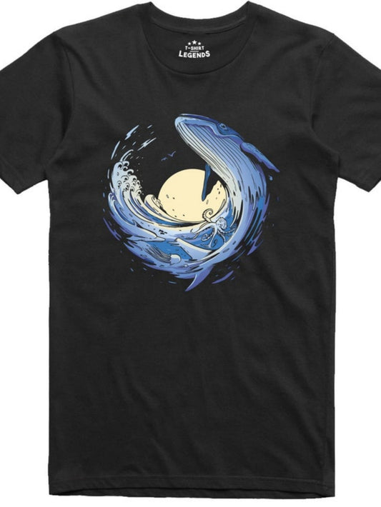 Men's Graphic T-Shirt Mystical Blue Ocean Waves Surging Under Full Moonlight Shark