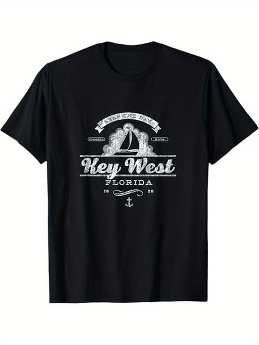 Men's Graphic T-Shirt Vintage Nautical Elements With Waves And Anchor Surrounding Key West Florida Sailboat