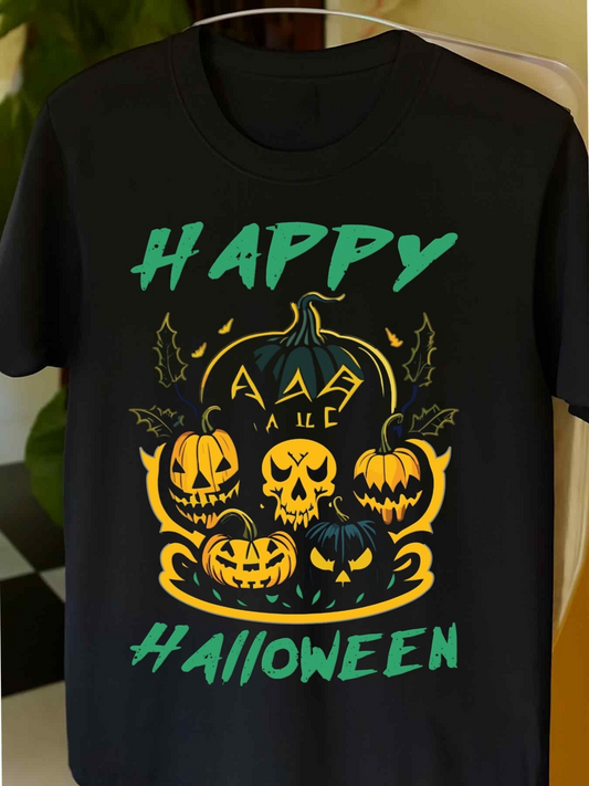 Men's Graphic T-Shirt Happy Halloween Glowing Pumpkins Among Leaves With Spooky Faces Pumpkin