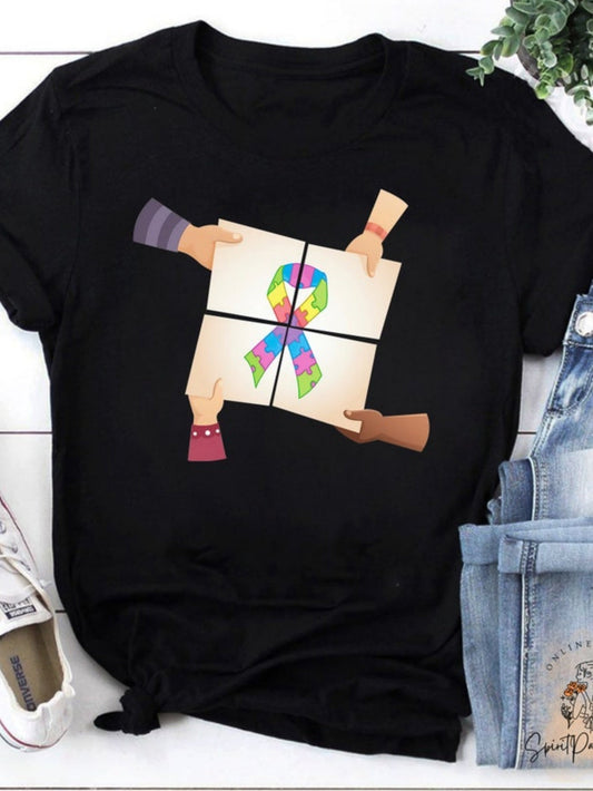 Men's Graphic T-Shirt Colorful Ribbon Shaped Puzzle Pieces Held By Diverse Hands