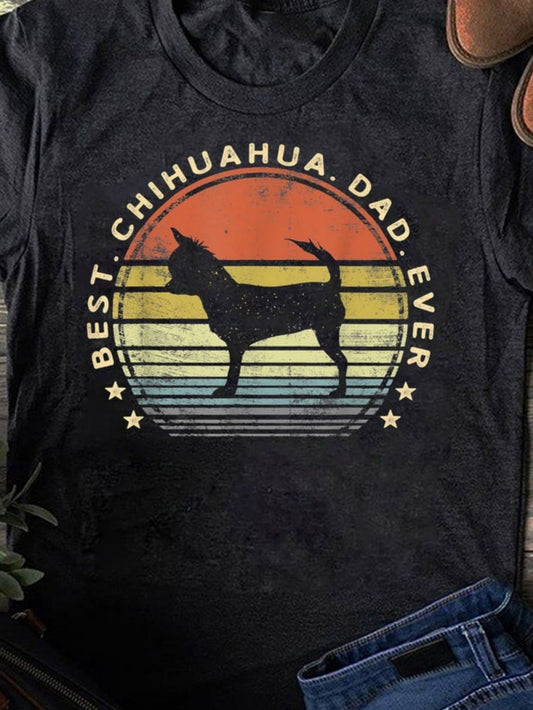 Men's Graphic T-Shirt Best Chihuahua Dad Ever Vintage Sunset With Striped Retro Circle Silhouette Chihuahua Dog