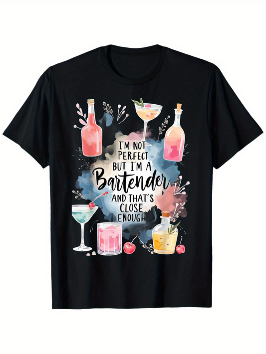 Men's Graphic T-Shirt Im Not Perfect But Im A Bartender Watercolor Cocktails And Colorful Drinks Glass