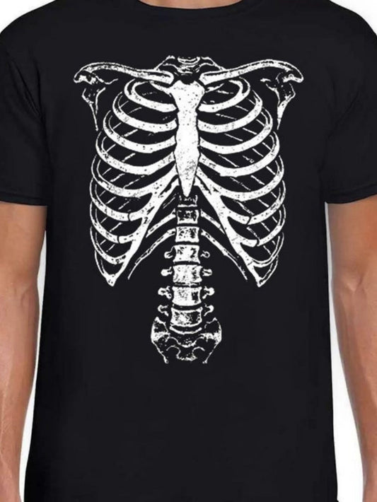 Men's Graphic T-Shirt Anatomical White Bones With Realistic Details Against Black Shirt Ribcage