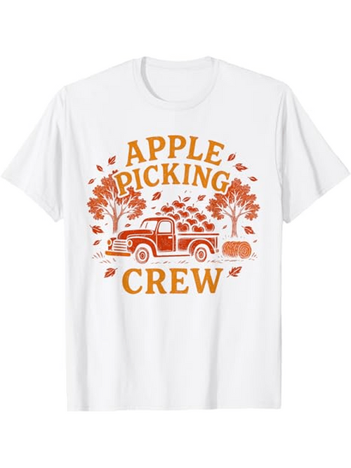 Men's Graphic T-Shirt Apple Picking Crew Vintage Truck With Falling Leaves Autumn Trees