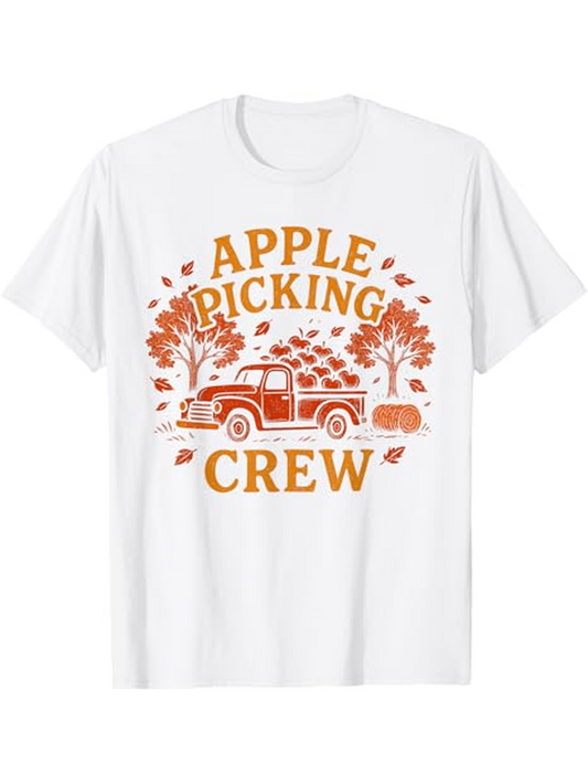 Men's Graphic T-Shirt Apple Picking Crew Vintage Truck With Falling Leaves Autumn Trees