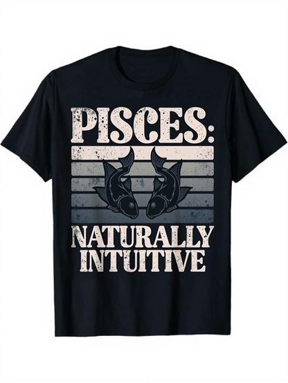 Men's Graphic T-Shirt Pisces Naturally Intuitive Grunge Style Horizontal Lines With Zodiac Fish Motif