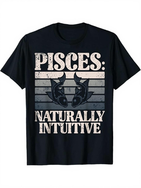 Men's Graphic T-Shirt Pisces Naturally Intuitive Grunge Style Horizontal Lines With Zodiac Fish Motif