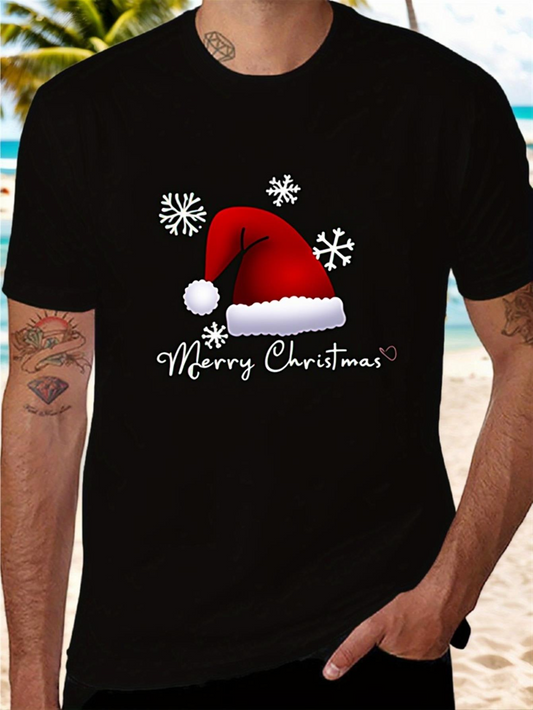 Men's Graphic T-Shirt Merry Christmas Snowflakes With Santa Red Hat And White Fur Trim