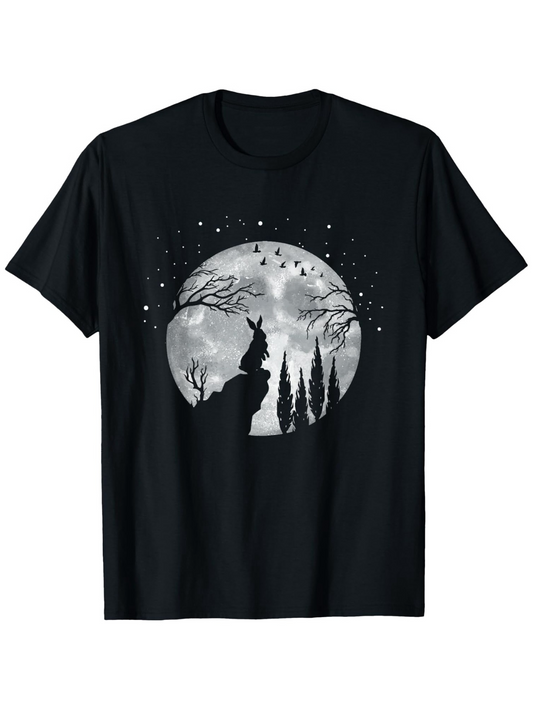 Men's Graphic T-Shirt Mysterious Night Sky With Howling Wolf Among Forest Trees Moon