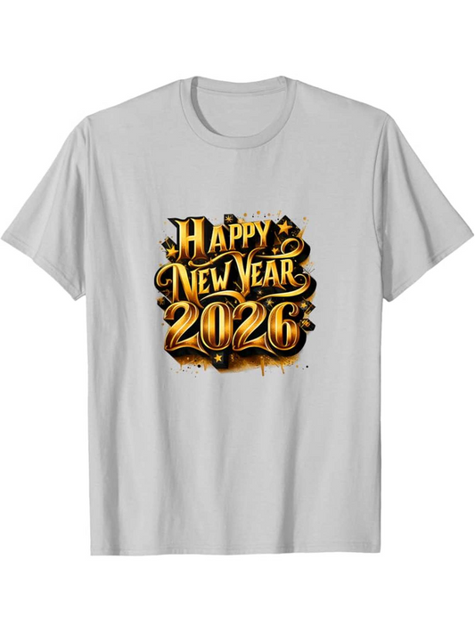 Men's Graphic T-Shirt Happy New Year 2026 With Shiny Metallic Golden Party Lights Graphic Celebration