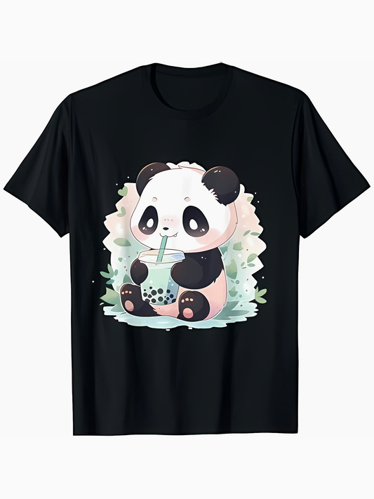 Men's Graphic T-Shirt Cute Cartoon Panda Drinking Bubble Tea With Bamboo Leaves
