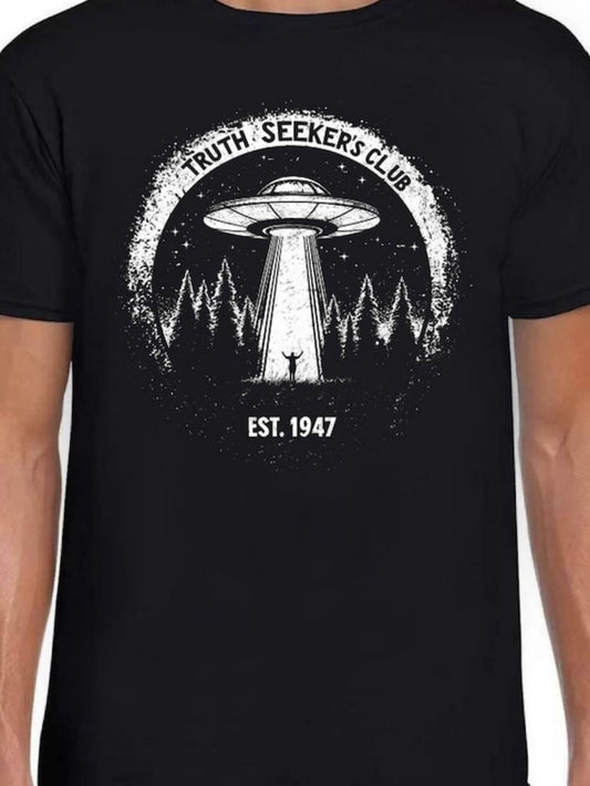 Men's Graphic T-Shirt Truth Seekers Club Night Scene With UFO Among Dark Pine Trees