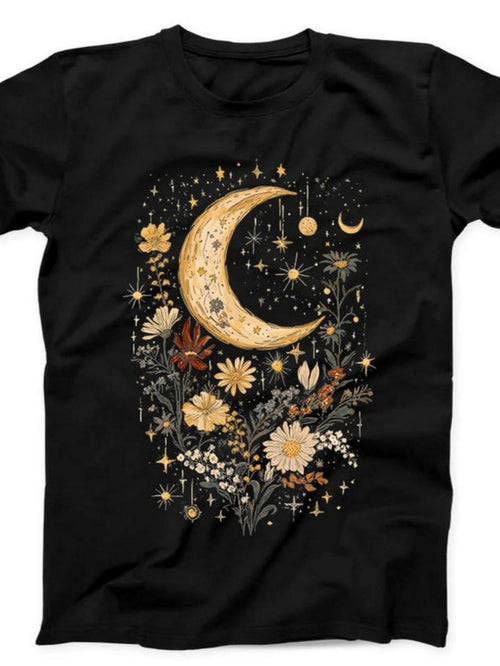 Men's Graphic T-Shirt Golden Crescent Moon Surrounded By Daisies Stars And Wildflowers Night Sky