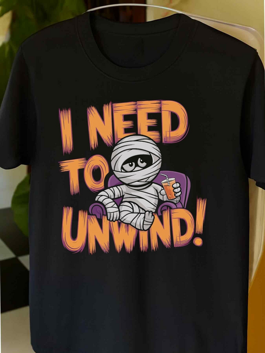 Men's Graphic T-Shirt I Need To Unwind Cartoon Mummy On Sofa Holding Popcorn
