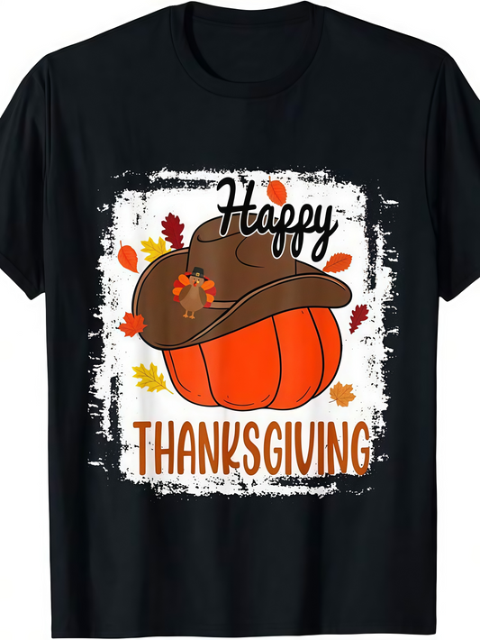 Men's Graphic T-Shirt Happy Thanksgiving Autumn Leaves Pumpkin With Pilgrim Hat