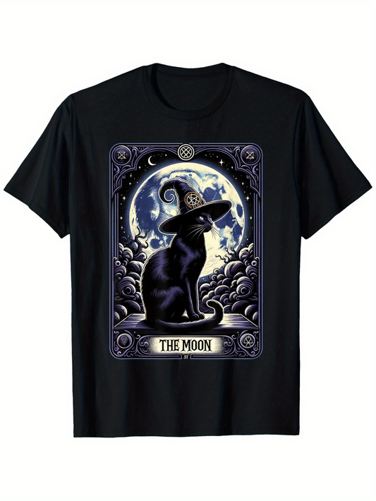Men's Graphic T-Shirt The Moon Mystical Night Sky With Clouds Enchanting Hat Magical Black Cat