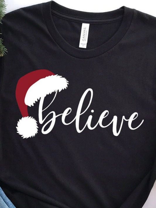 Men's Graphic T-Shirt Believe Red Santa Hat With Festive Holiday Script Christmas