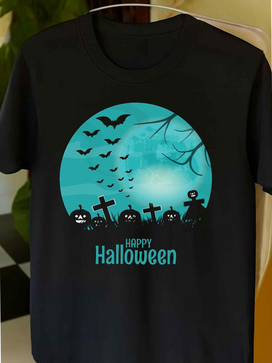 Men's Graphic T-Shirt Happy Halloween Moonlit Graveyard With Flying Bats Jack O Lanterns And Tombstones