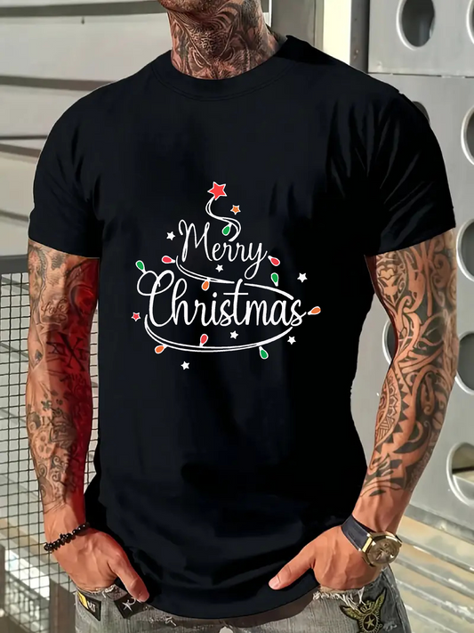 Men's Graphic T-Shirt Merry Christmas With Festive Lights Shining Holiday Star Tree Design