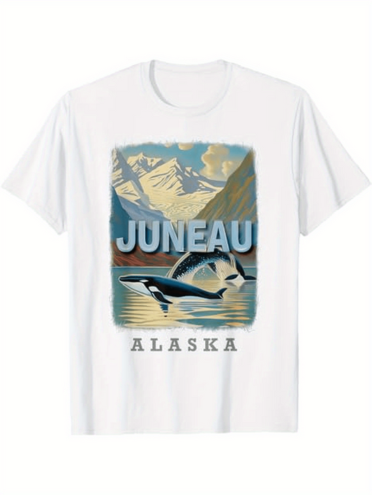 Men's Graphic T-Shirt Juneau Alaska Majestic Glacier Mountains With Reflections Featuring Orca Whale