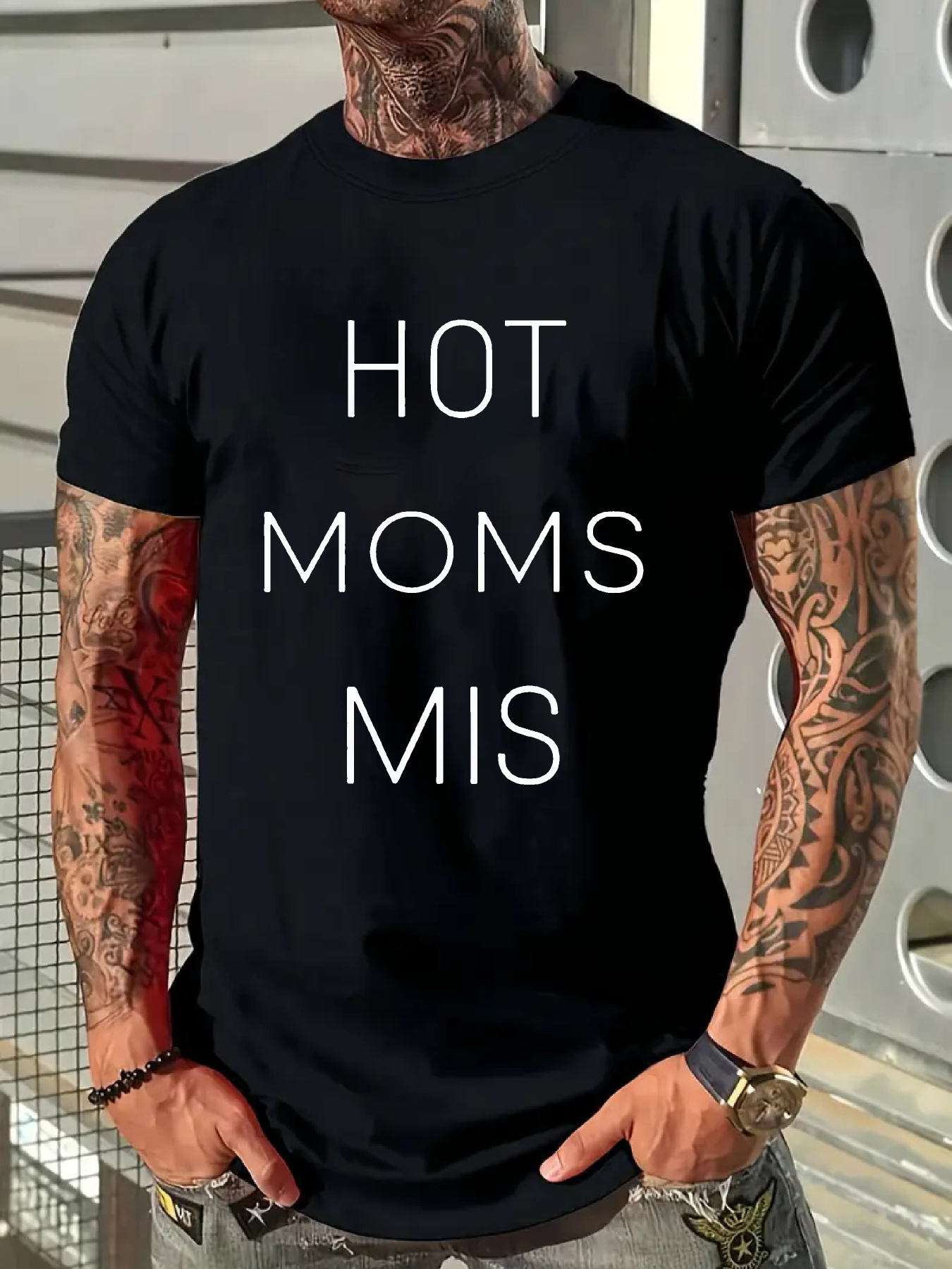 Men's Graphic T-Shirt Hot Moms Mis Minimal Letters Across Black T Shirt
