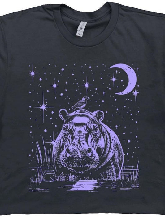 Men's Graphic T-Shirt Starlit Night Sky Reflected In Water Among Grasses With Large Sleeping Hippo