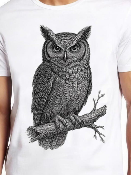 Men's Graphic T-Shirt Detailed Woodland Branch Illustration Featuring A Watchful Majestic Owl