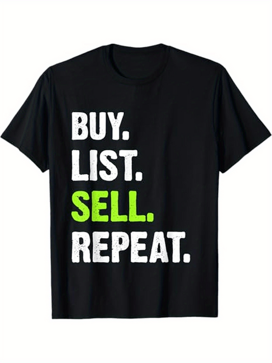 Men's Graphic T-Shirt Buy List Sell Repeat Bold White Neon Block Letter Text Black Shirt