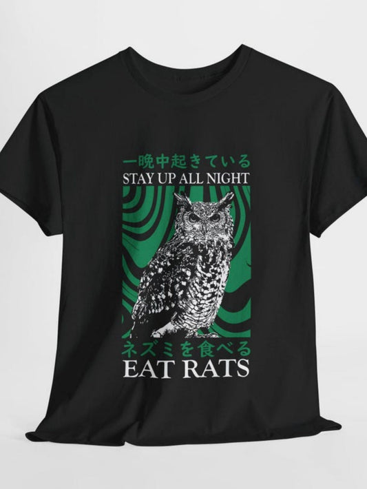 Men's Graphic T-Shirt Stay Up All Night Green Abstract Pattern With Realistic Nocturnal Owl