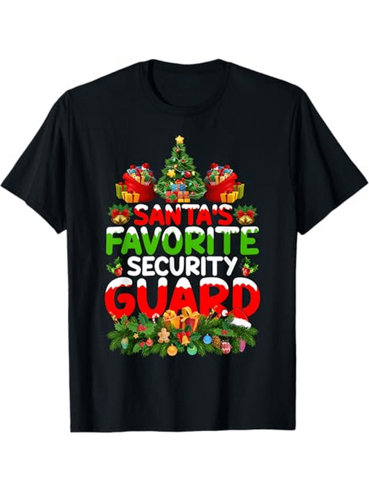 Men's Graphic T-Shirt Santas Favorite Security Guard With Festive Christmas Tree Lights And Holiday Decorations