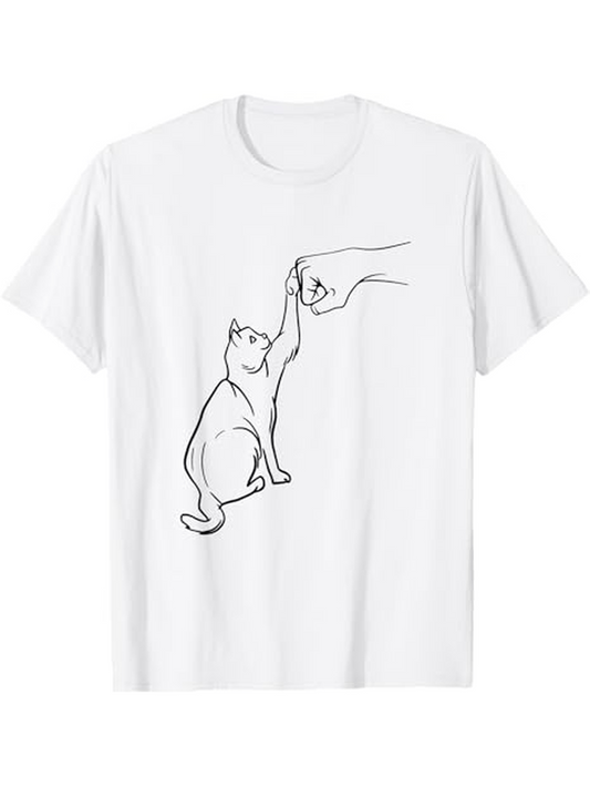 Men's Graphic T-Shirt Minimalist Line Drawing With Human Hand Reaching To High Five Curious Cat