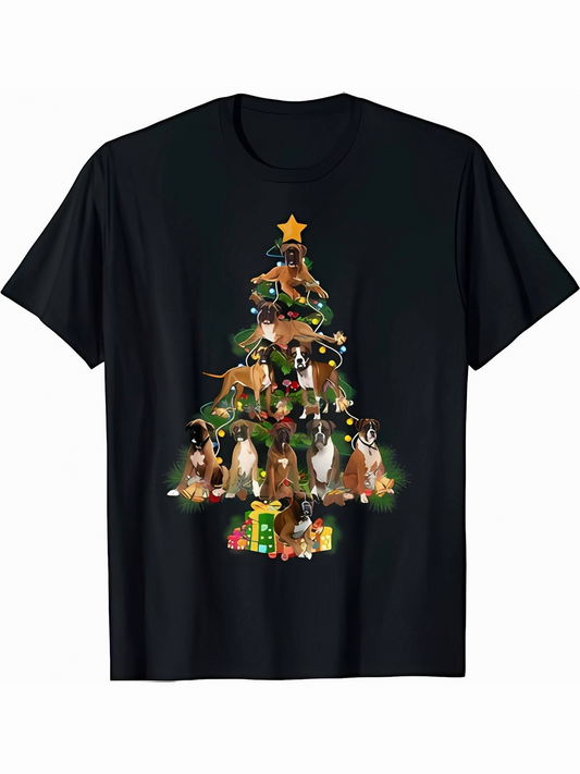 Men's Graphic T-Shirt Charming Holiday Tree With Playful Dogs And Festive Gift Decorations Christmas Tree