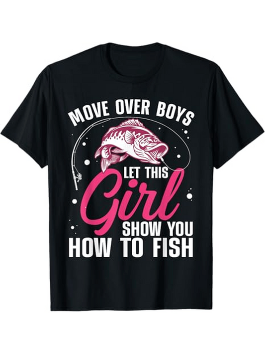 Men's Graphic T-Shirt Move Over Boys Let This Girl Show You How To Fish With Artistic Pink Script And Jumping Fish Design