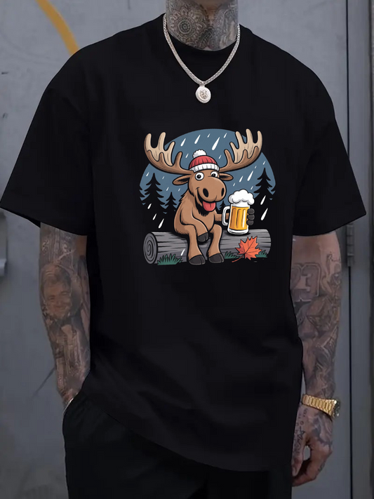 Men's Graphic T-Shirt Festive Moose With Beer Seated Among Pine Trees Night Campfire