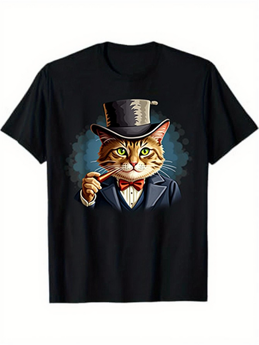 Men's Graphic T-Shirt Elegant Feline With Top Hat Bowtie And Smoking Pipe Cat