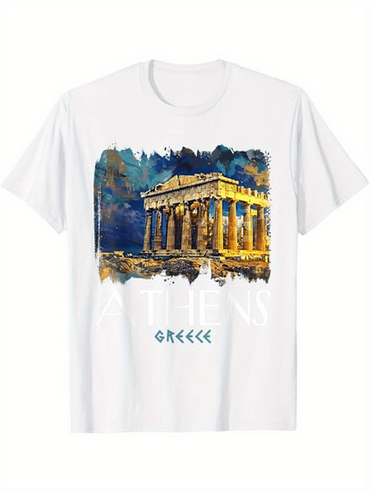 Men's Graphic T-Shirt Athens Greece Ancient Landmark With Blue Watercolor Sky Parthenon