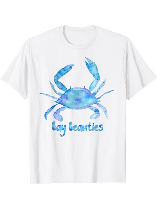 Men's Graphic T-Shirt Bay Beauties Blue Watercolor With Flowing Oceanic Accents Featuring Vibrant Crab