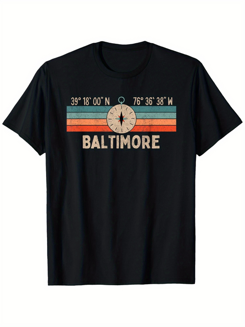 Men's Graphic T-Shirt Baltimore Vintage Compass And Striped Retro Sunset Design