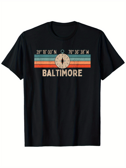 Men's Graphic T-Shirt Baltimore Vintage Compass And Striped Retro Sunset Design