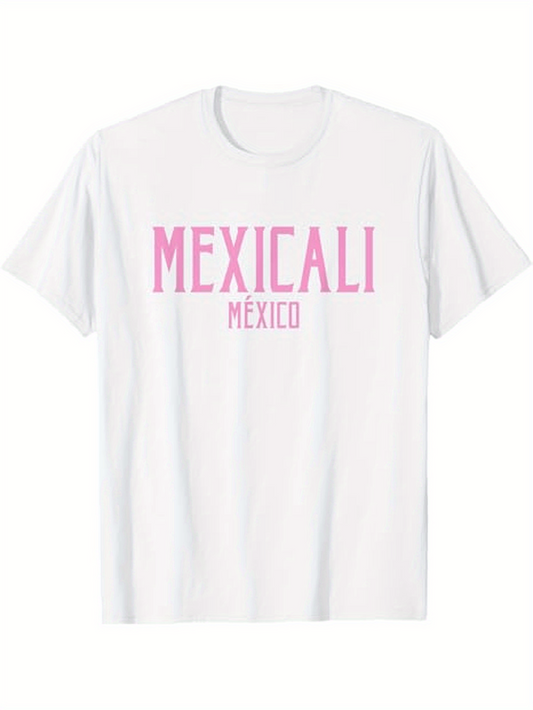 Men's Graphic T-Shirt Mexicali Mexico Minimal Pink Letters Over Bright White Shirt