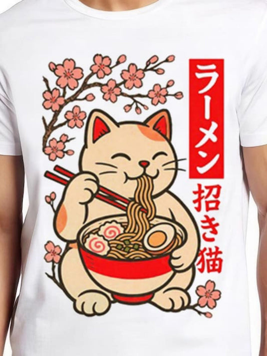 Men's Graphic T-Shirt Cherry Blossom Branch With Lucky Cat Enjoying Delicious Ramen Bowl
